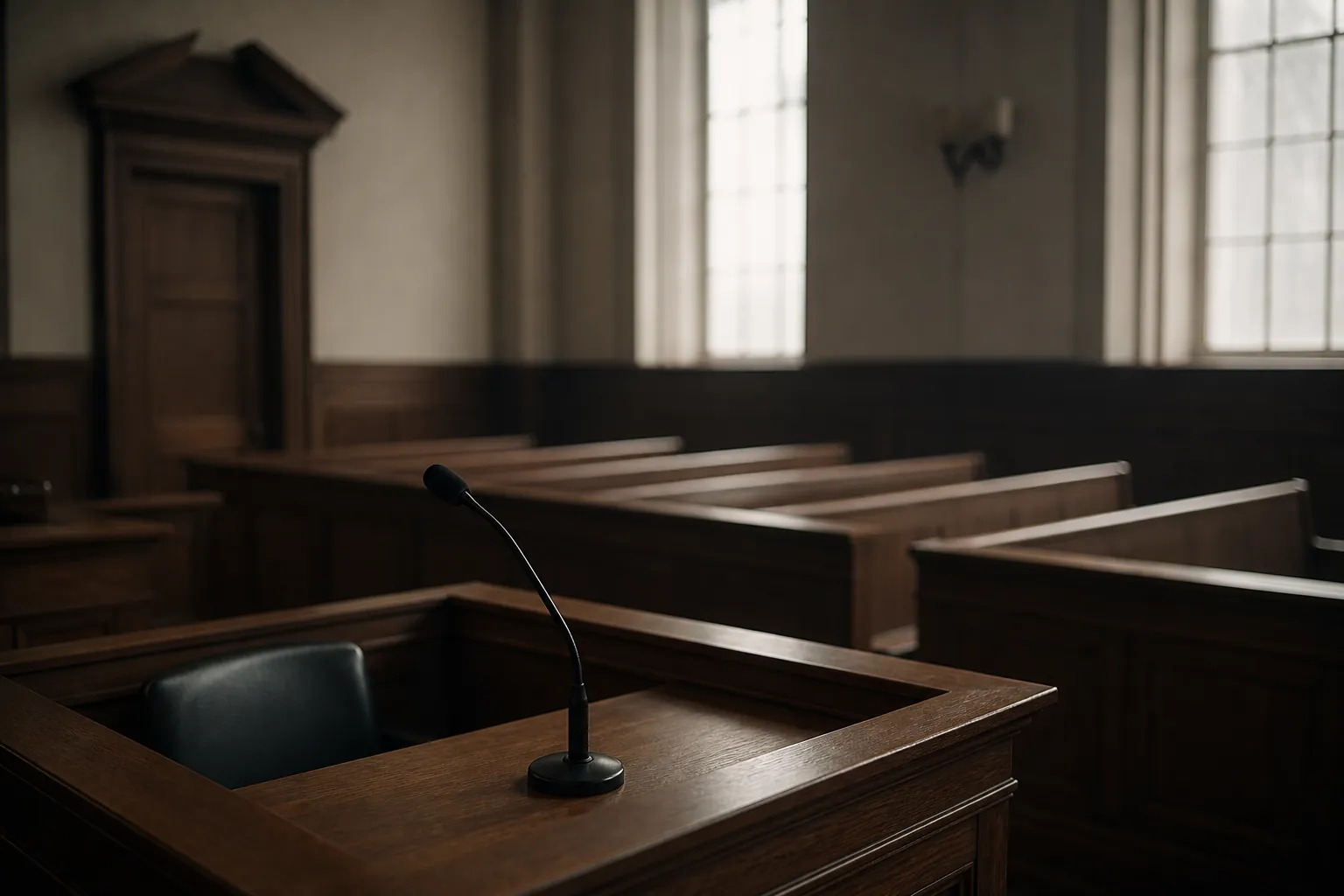 Empty courtroom with vacant witness stand and microphone