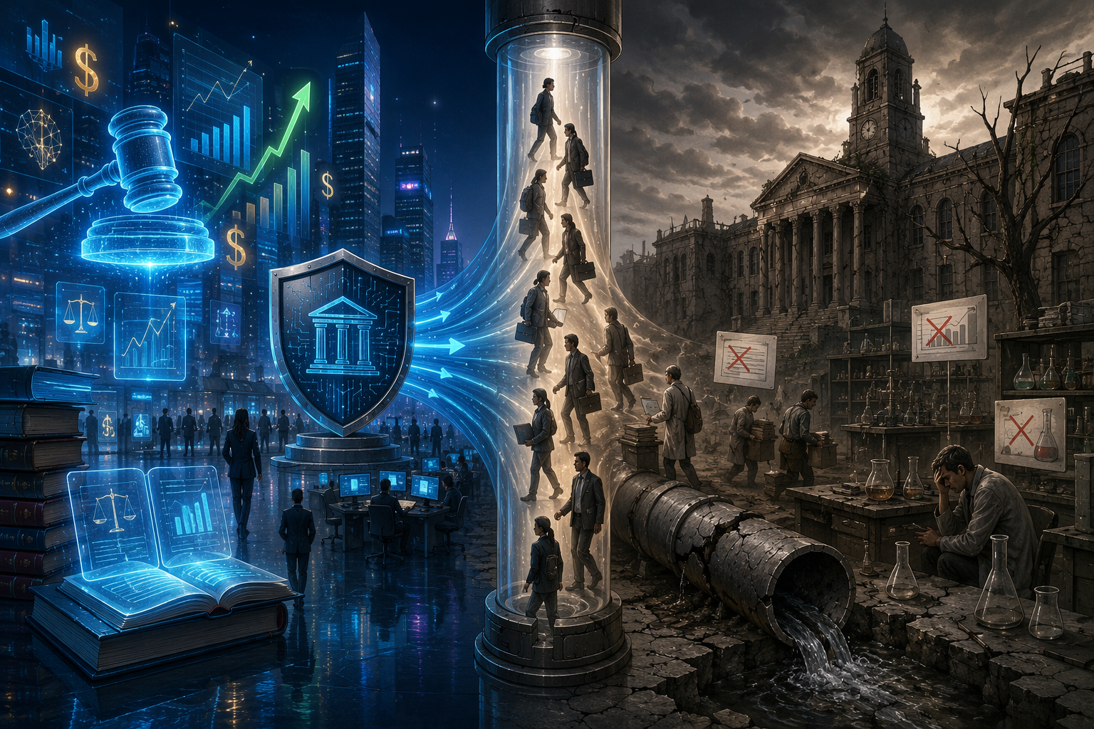 Legal AI marketplace contrasted with a drying academic research pipeline and talent moving toward defense contractors