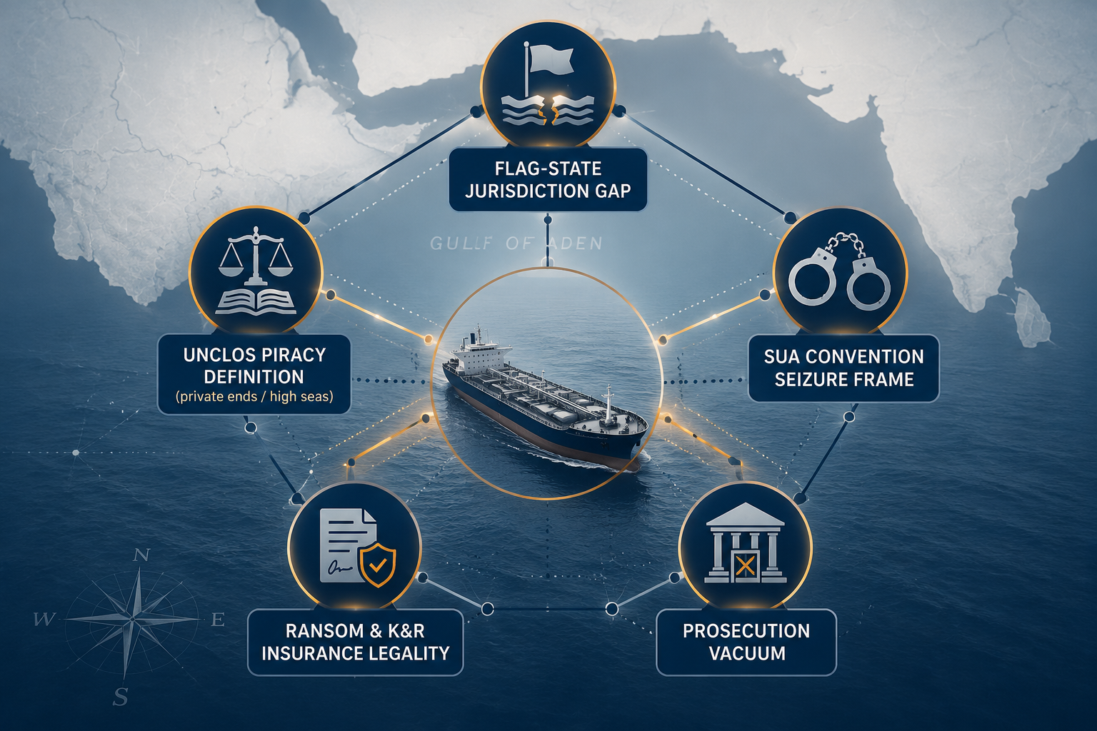 Diagram of five interconnected legal fault lines in a chemical tanker hijacking