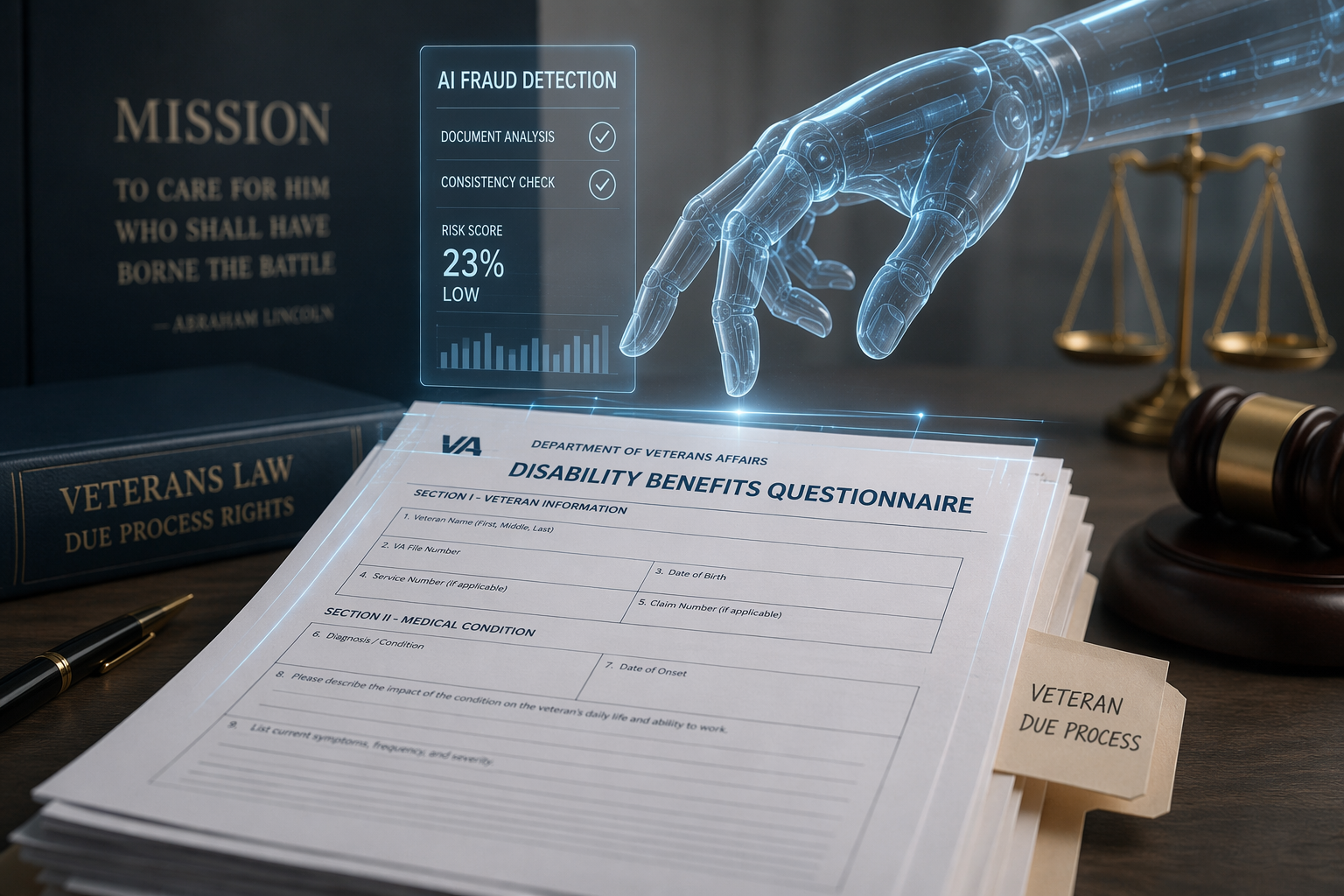 AI scanning official medical documents with a gavel and scales of justice in the background