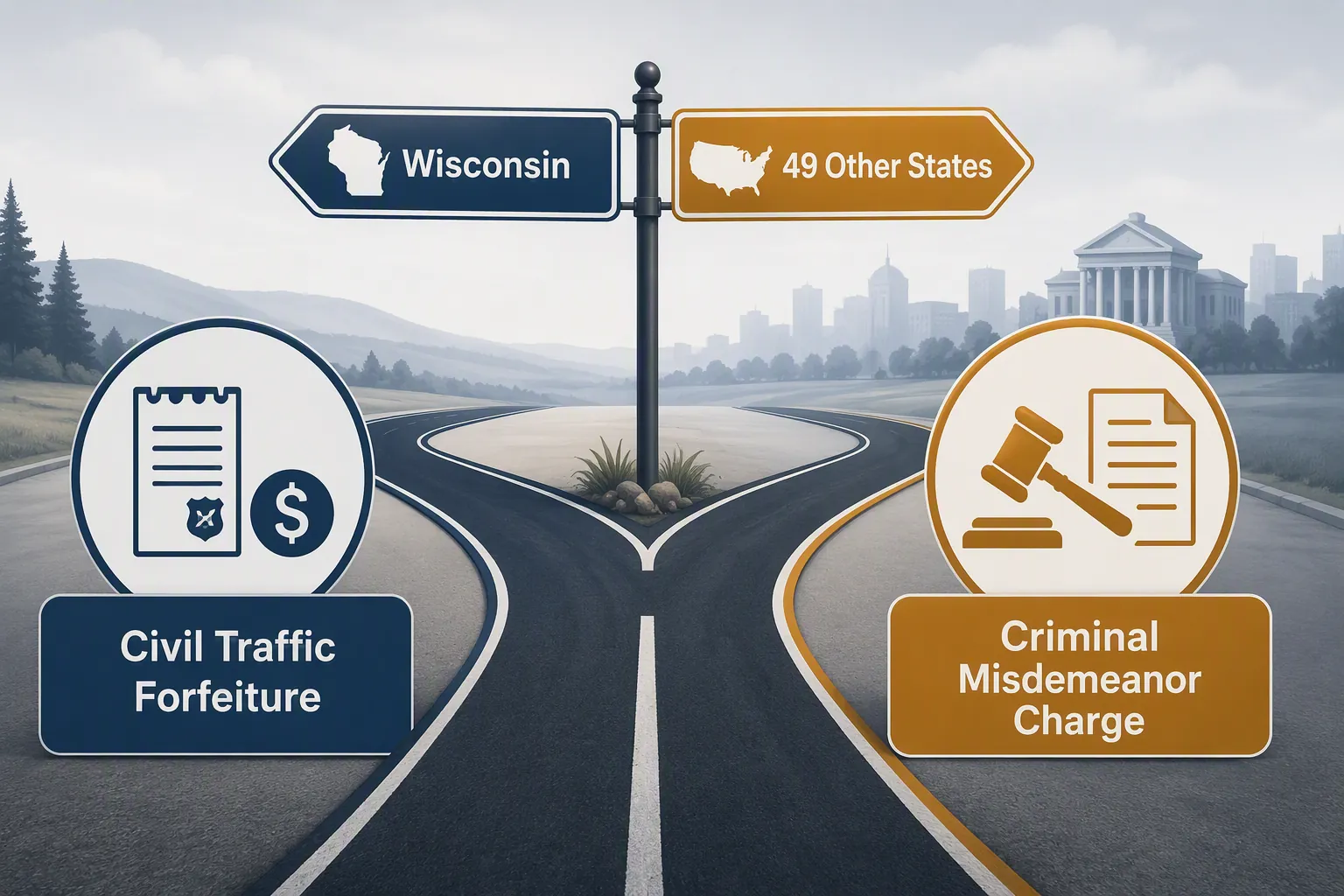 Editorial illustration contrasting Wisconsin civil traffic forfeiture with criminal misdemeanor charge pathways