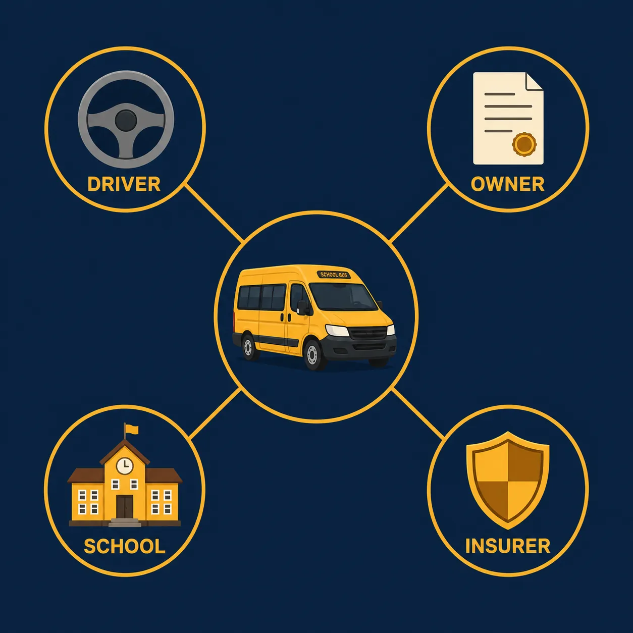 Diagram of a school van connected to driver, owner, school, and insurer nodes