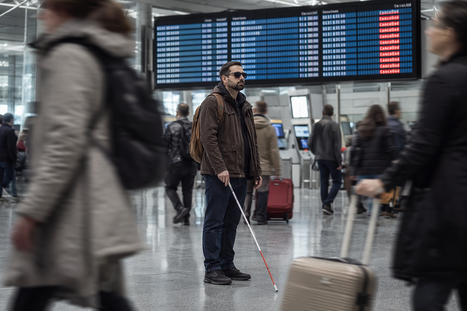 Blind traveler with a white cane standing alone in a busy airport terminal near a departure board showing canceled flights