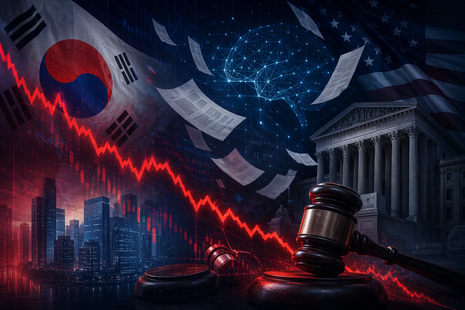 Declining red KOSPI chart with legal document silhouettes, gavel, Korean flag colors, and neural network overlays