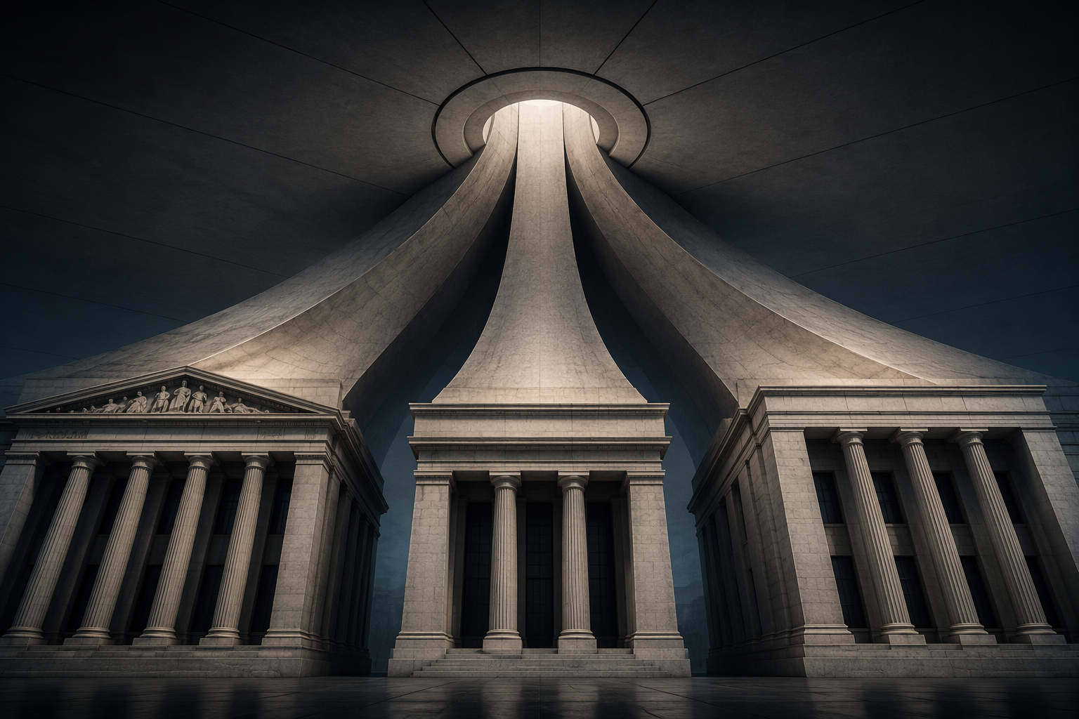 Separate government-agency pillars converging into one overhead control point