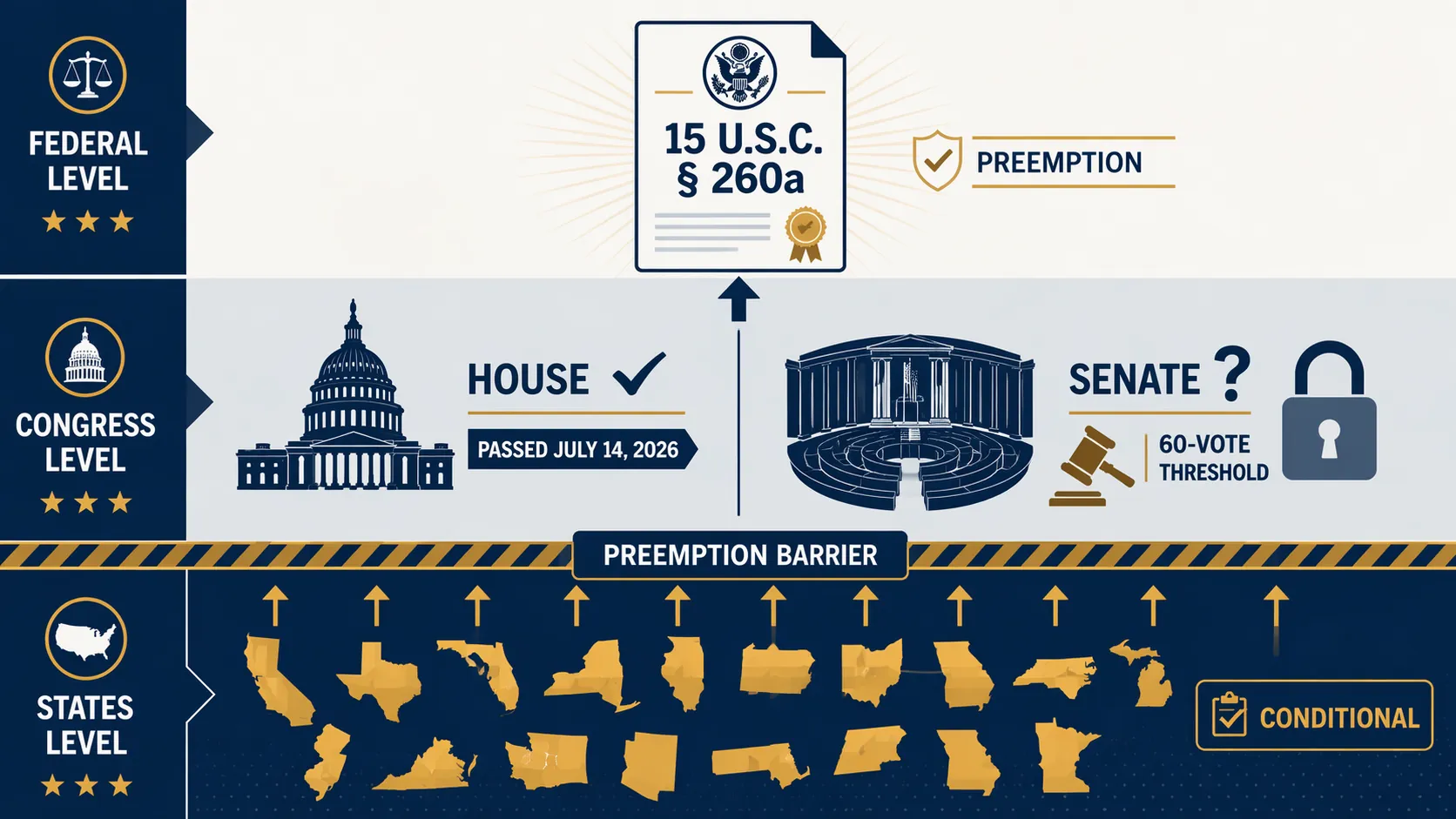 Infographic showing conditional state permanent daylight saving time laws blocked by federal preemption and pending Senate action