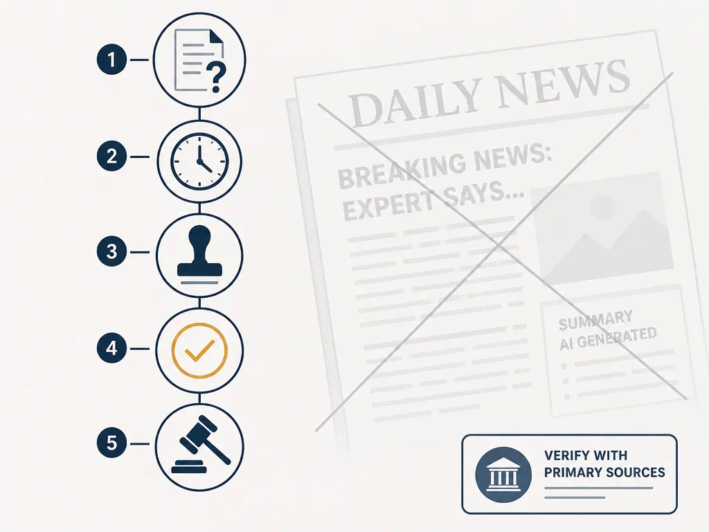 Five-step verification checklist connected by a timeline with document, timestamp, seal, checkmark, and gavel icons