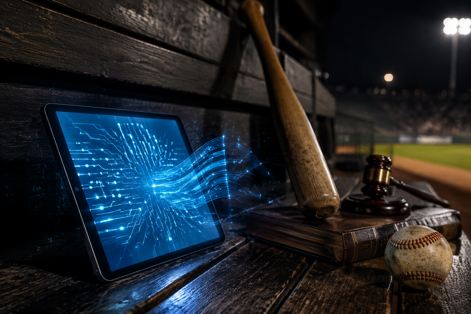 A baseball dugout with a glowing iPad, rulebook, gavel, and wooden bat