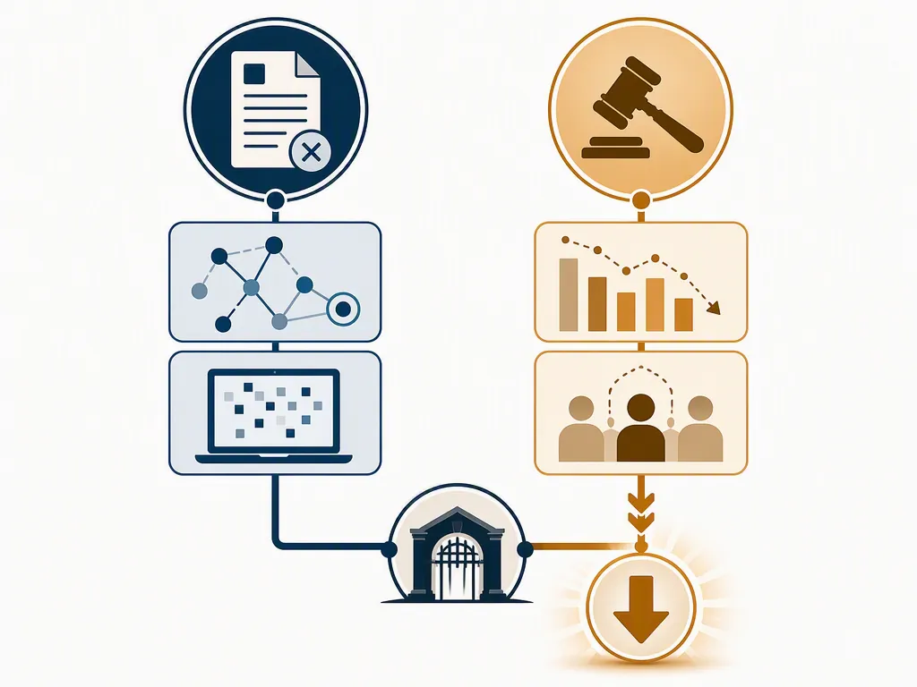 Two-column legal diagram showing a document, digital nodes, a gavel, and a narrow procedural gateway