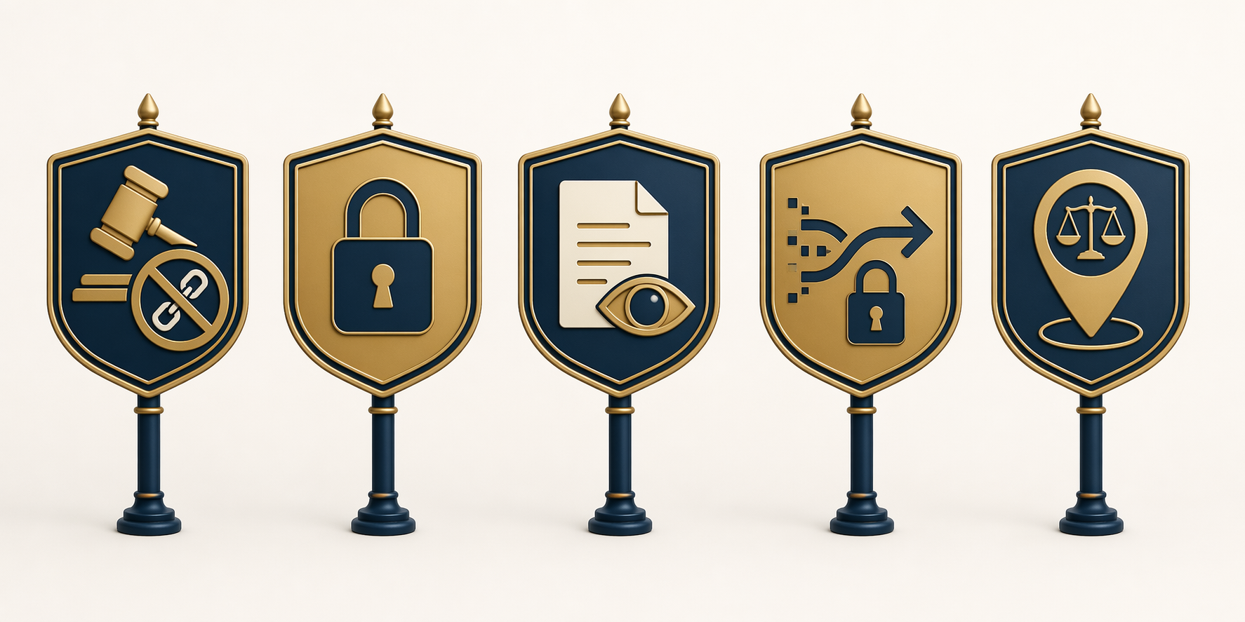 Five shield icons representing attorney-client relationship, privilege, human review, data handling, and jurisdictional disclosure risks