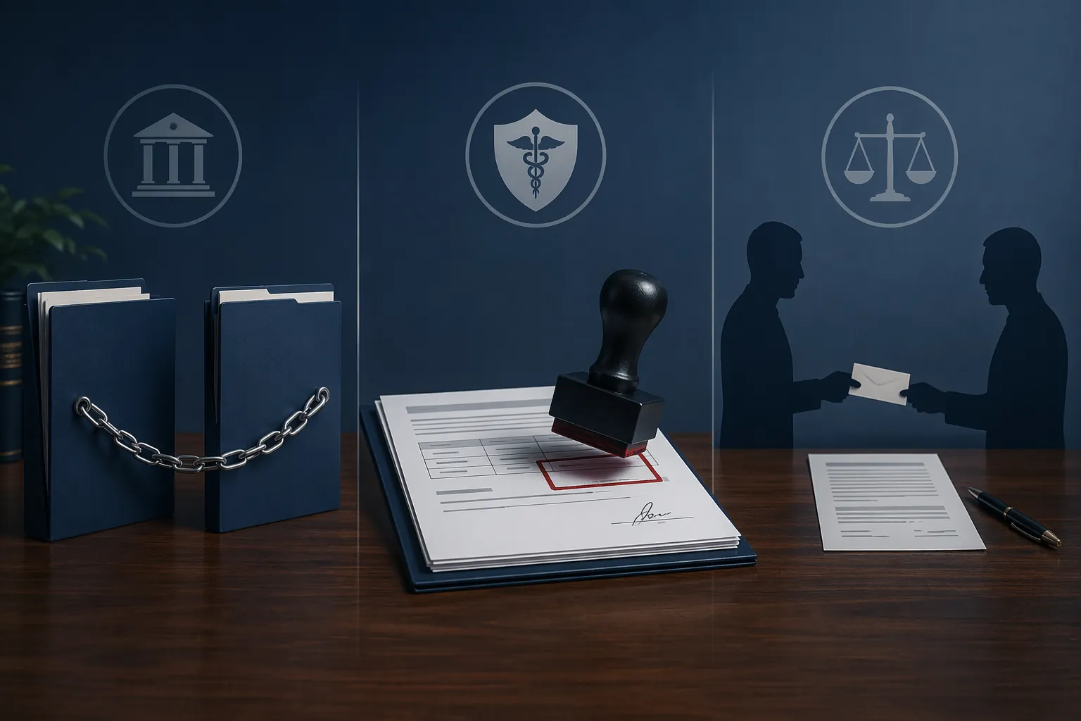 Desk arrangement showing co-ownership liability, forged signature, and instruction to lie risk signals