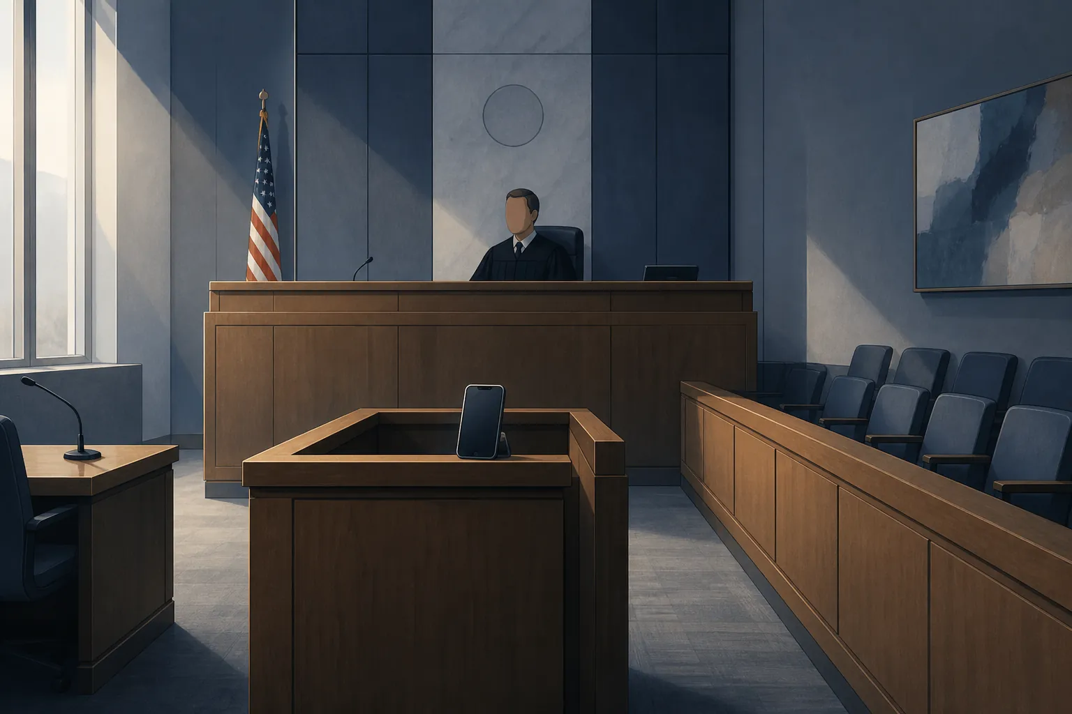 Illustration of a smartphone on a courthouse witness stand before a judge and empty jury box