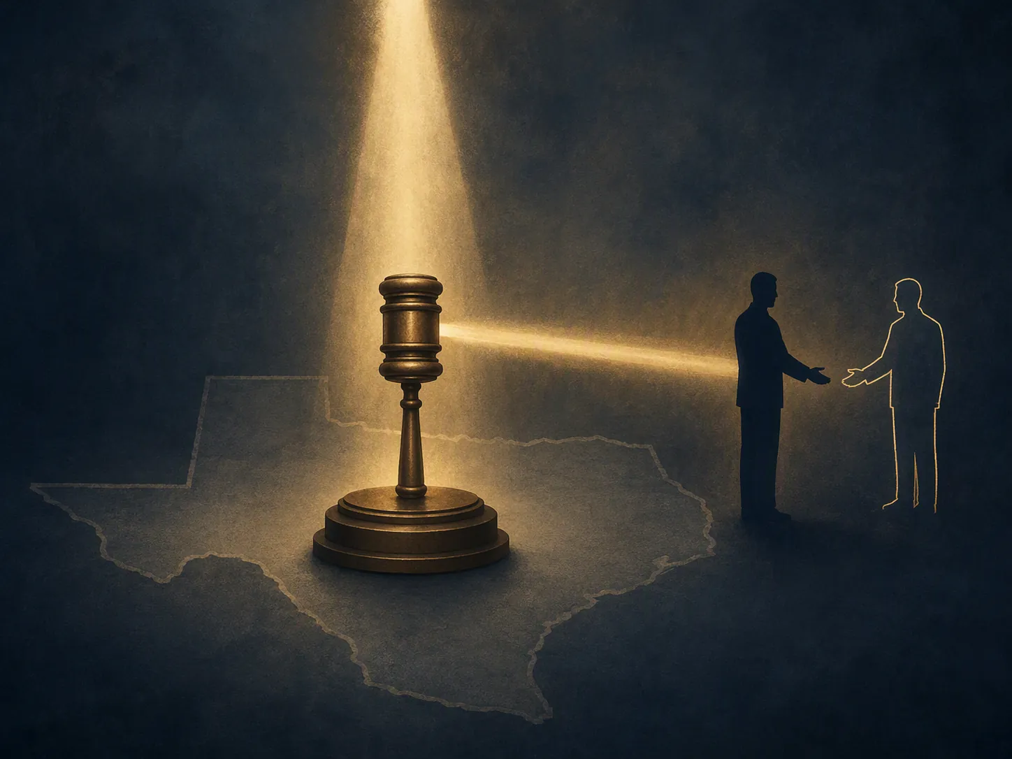 Gavel under a beam of light with two silhouettes suggesting authority passing to a successor