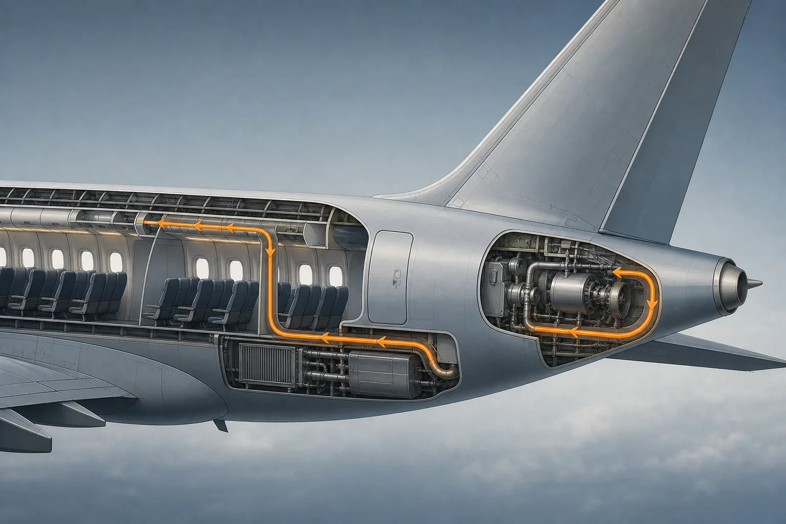 Illustration of Airbus A319 rear fuselage showing auxiliary power unit location and possible bleed-air contamination pathway
