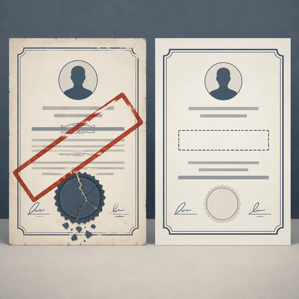 Two documents contrasting a revoked real license with a fabricated license number