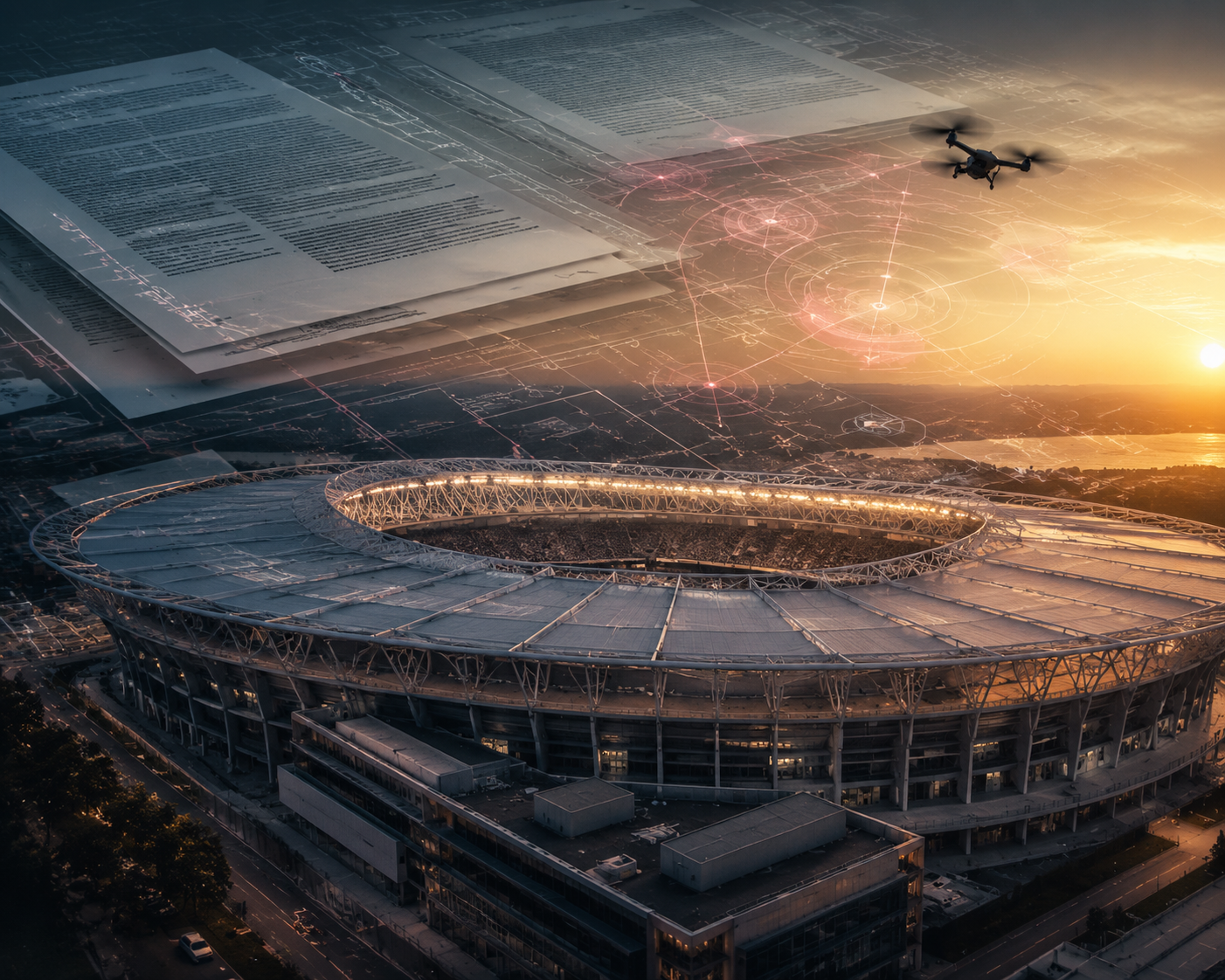 Aerial stadium view with layered legal documents, radar arcs, and a drone silhouette above the venue