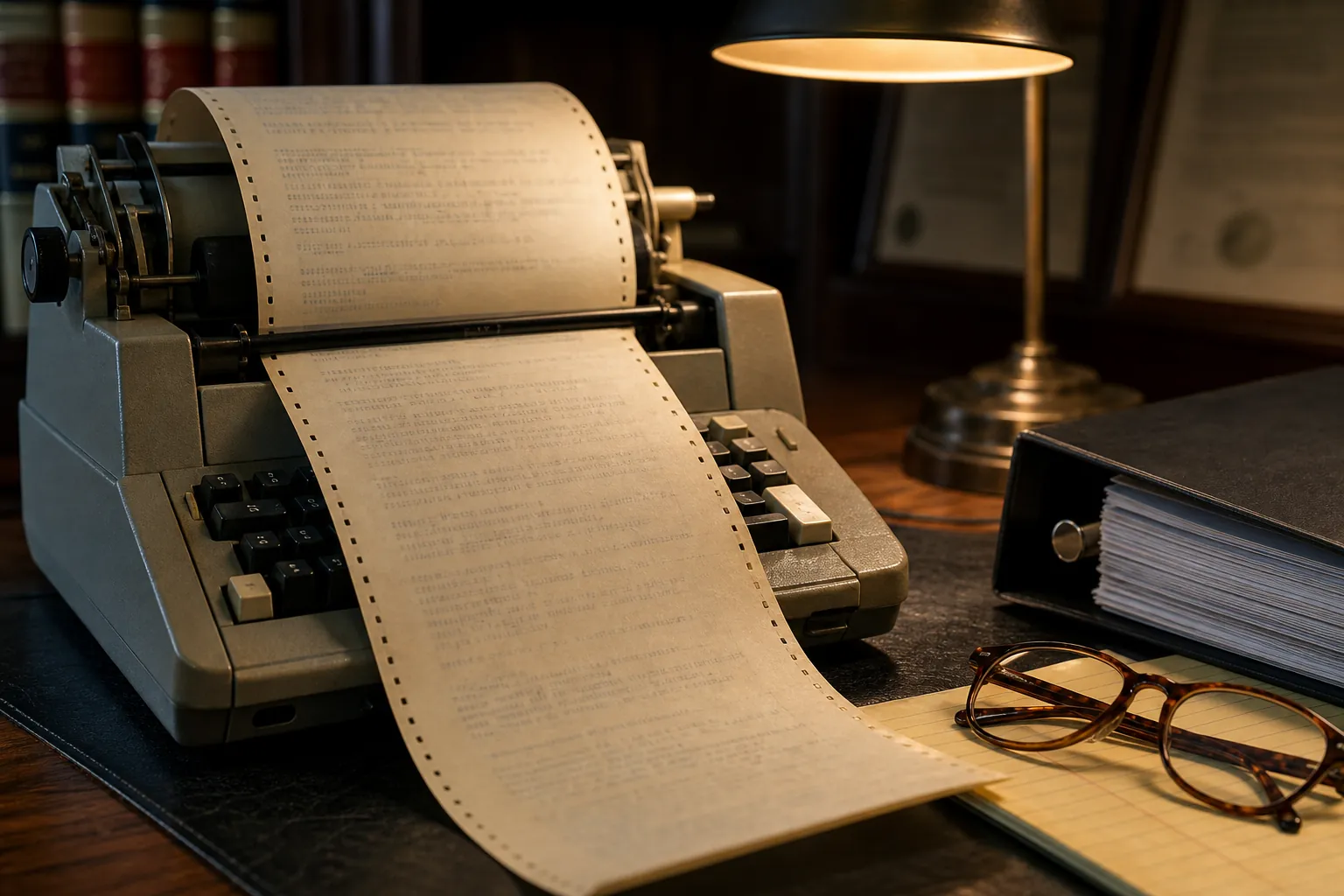 Vintage telex machine with curled paper printout beside an evidence binder on a lawyer's desk