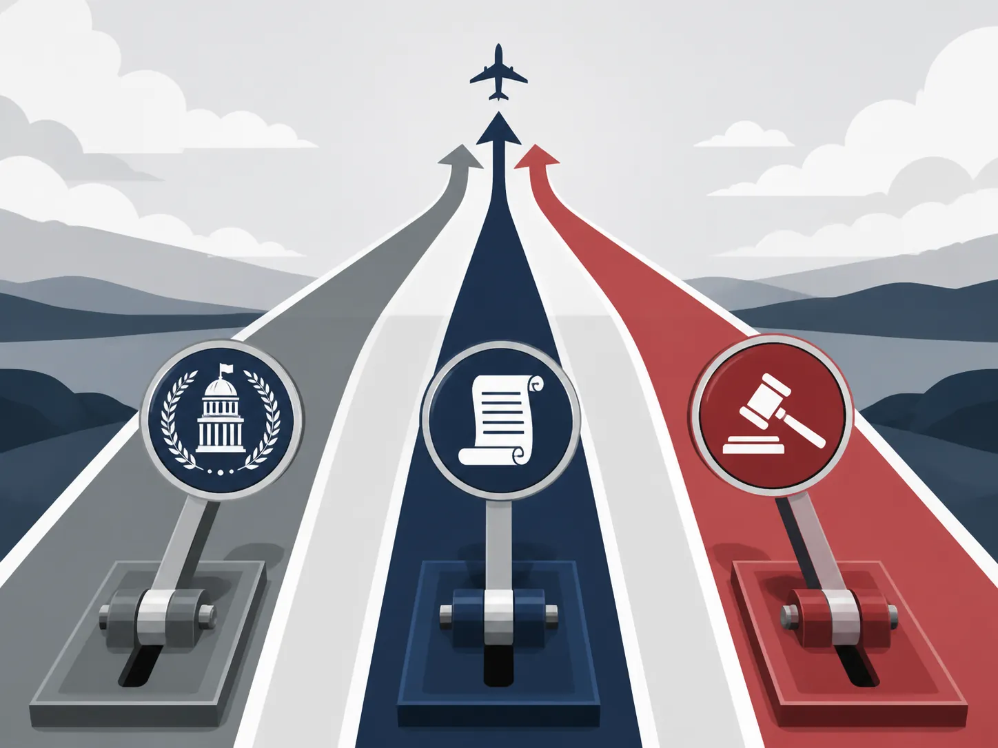Three parallel legal routes marked by a ministerial seal, legislative scroll and labour-board gavel converging toward an aircraft