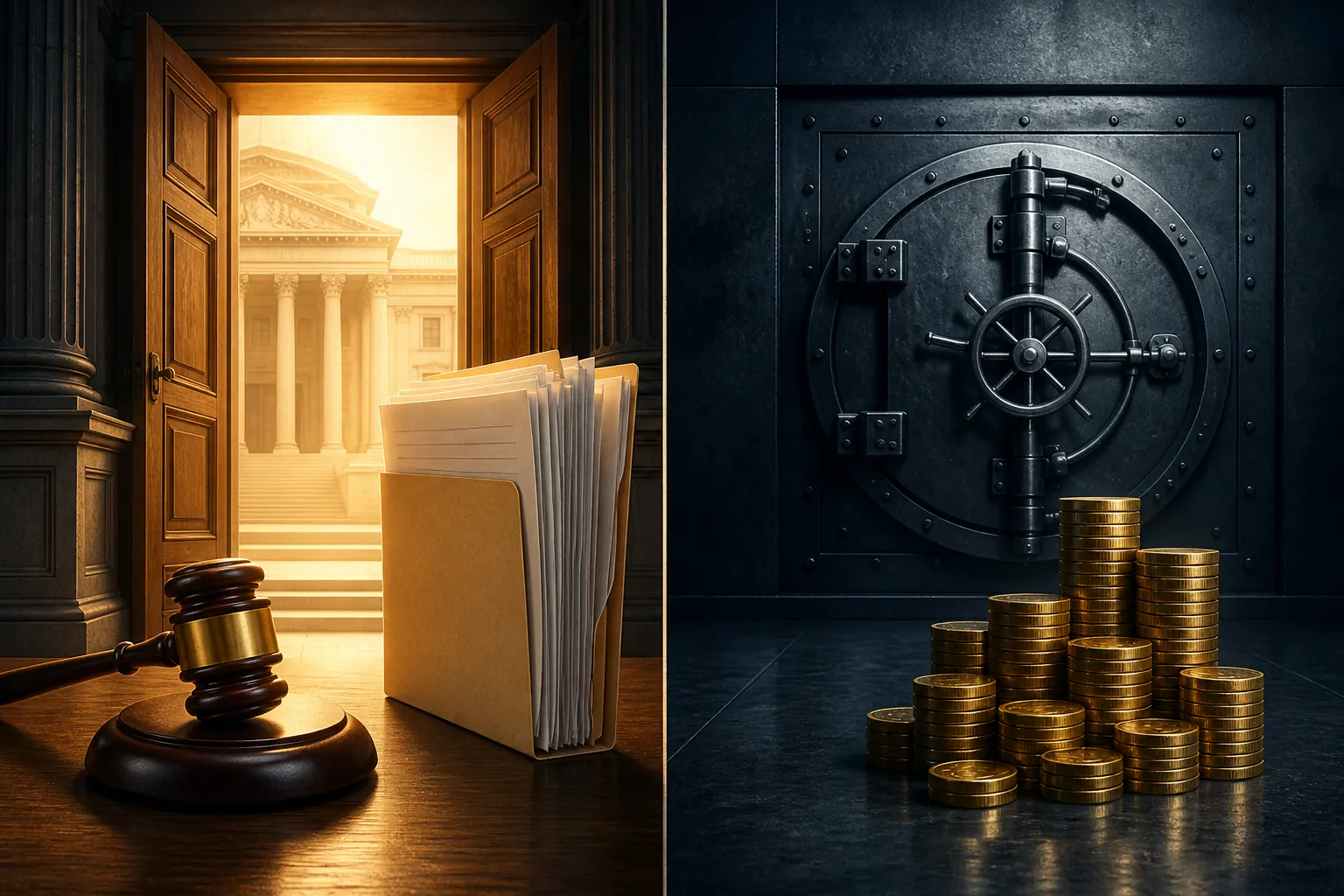 Courthouse door and reinstated documents contrasted with a closed vault and coins