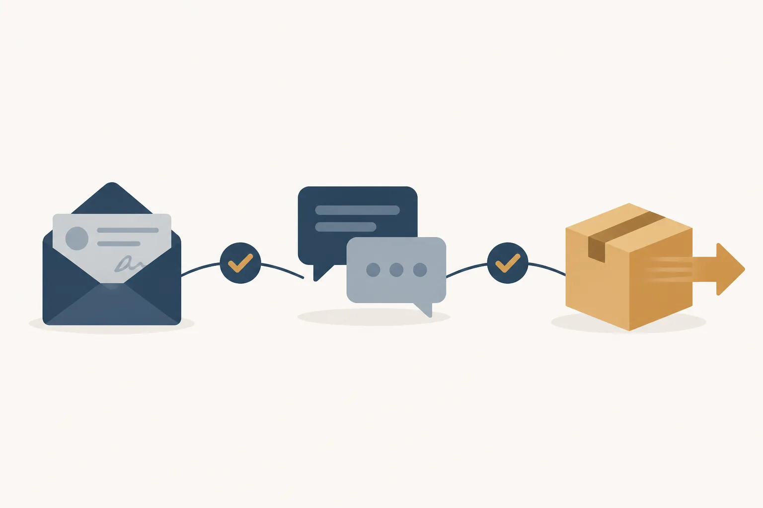 Illustration of an alleged flow from mail to chat messages to a shipping box