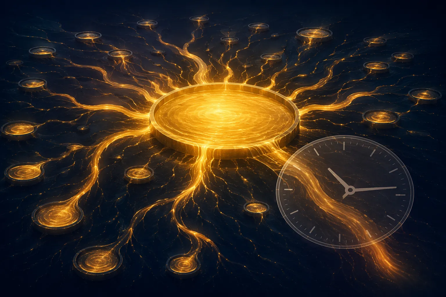 Settlement fund streams branching into individualized pro rata payouts with a clock suggesting appeal delay