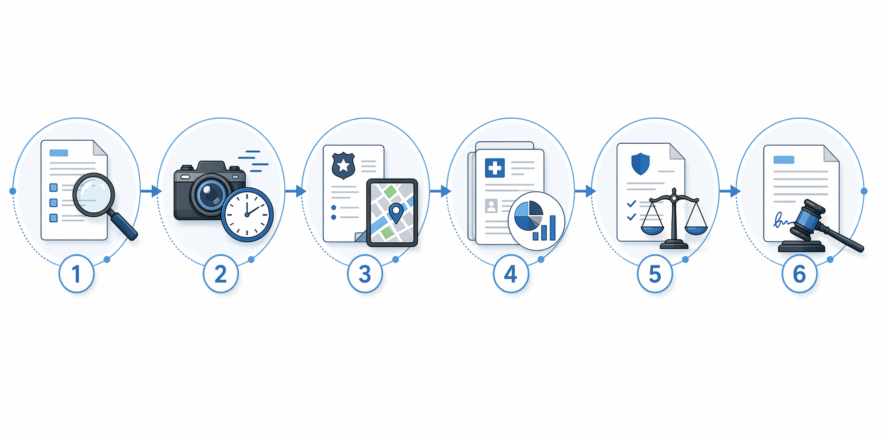 Six-step process diagram for AI-supported hit-and-run claim evaluation