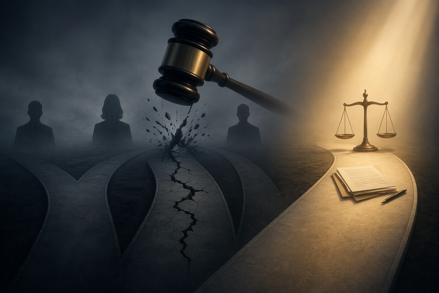 Three diverging witness paths in fog with a separate illuminated path toward a legal document and scales of justice