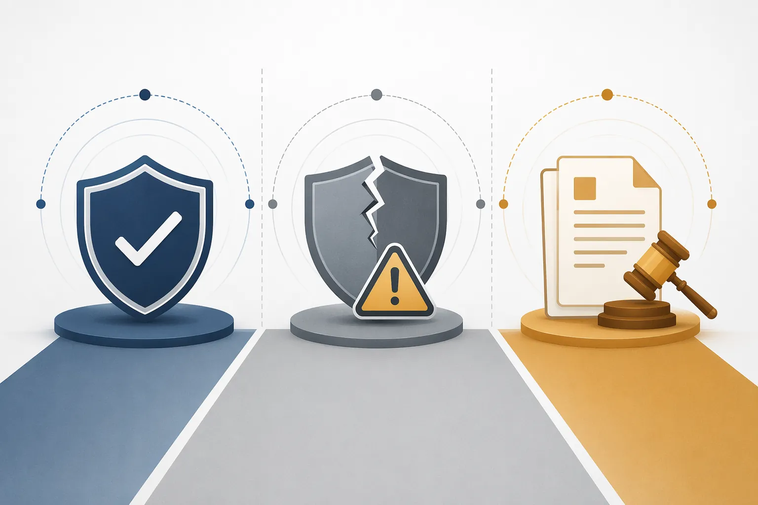 Three-zone legal risk map with a shield, cracked shield, and individual warranty documents beside a gavel