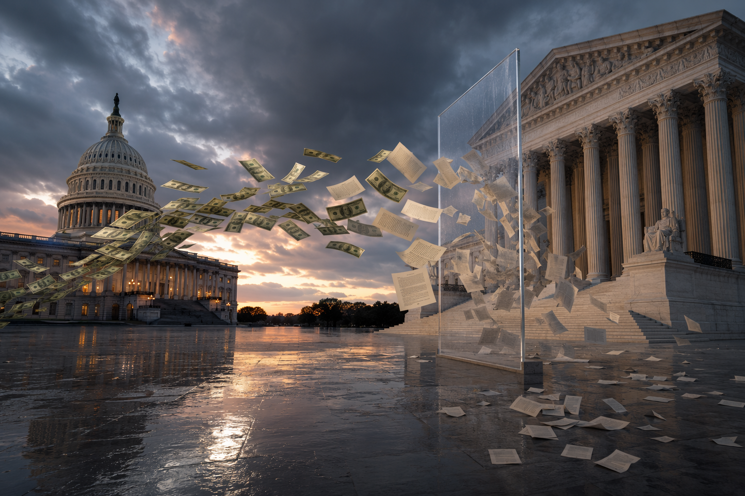 US Capitol and Supreme Court with funding documents redirected by a legal barrier