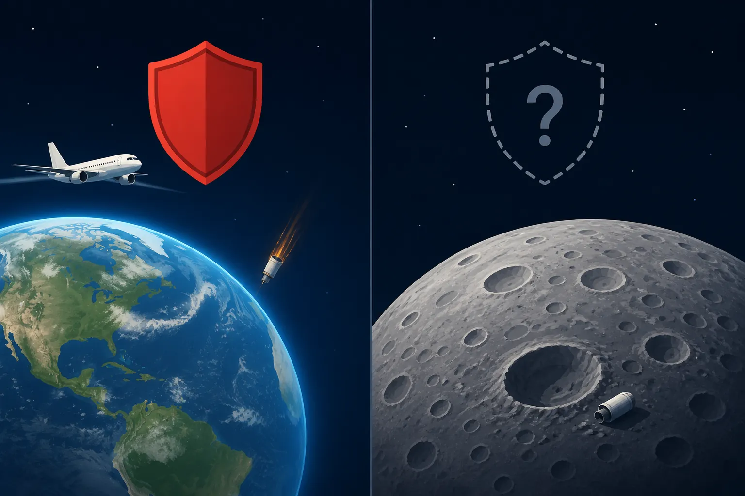 Infographic contrasting absolute liability on Earth with fault liability on the Moon