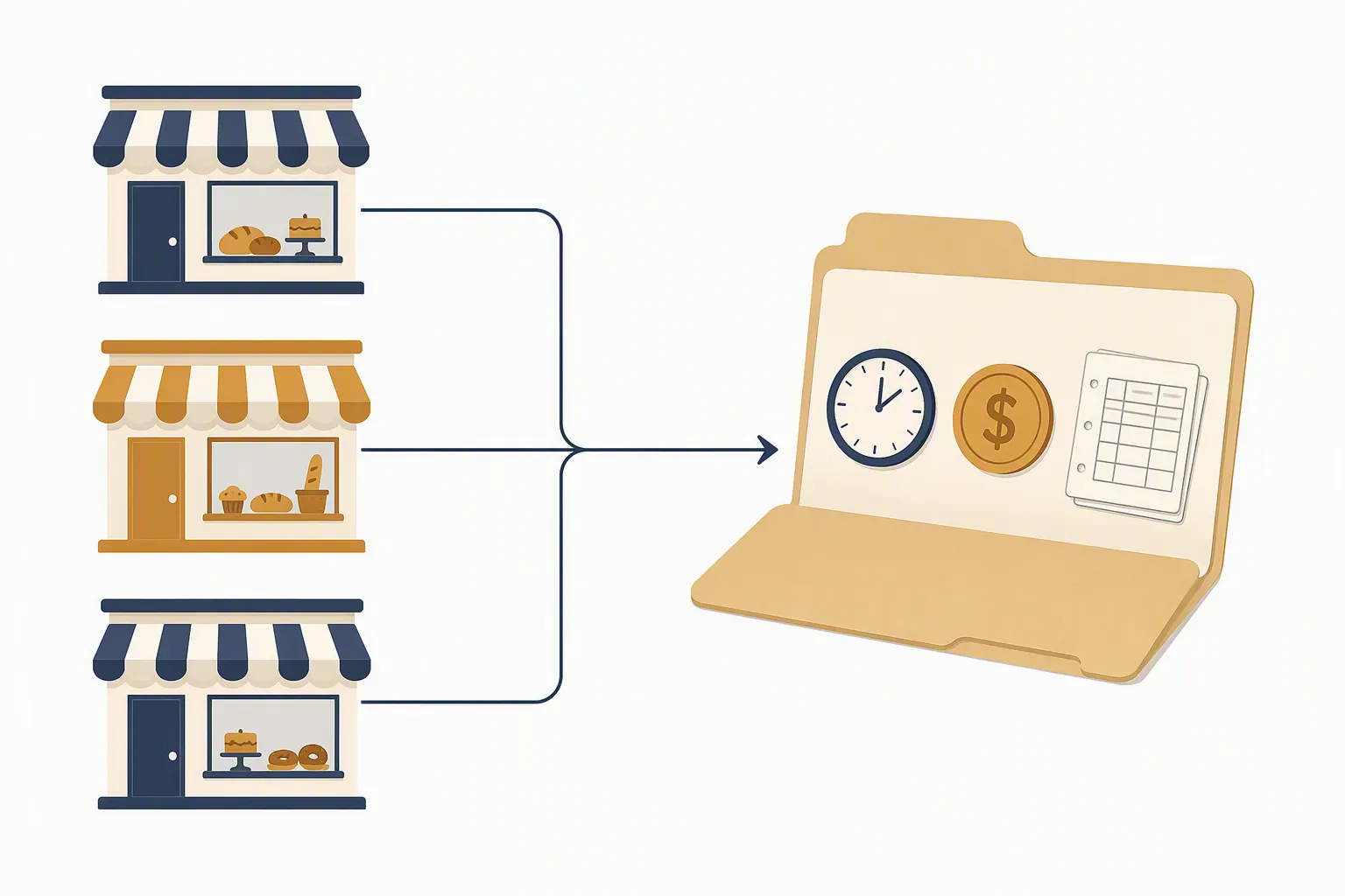 Three bakery storefront icons connected to one inspection folder with clock, coin, and timesheet symbols
