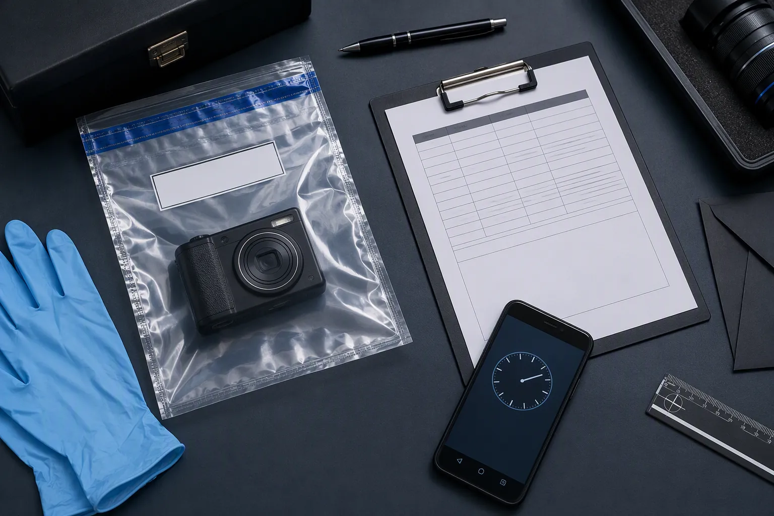 Sealed forensic evidence bag with chain-of-custody form, gloves, and timestamped phone on a professional desk