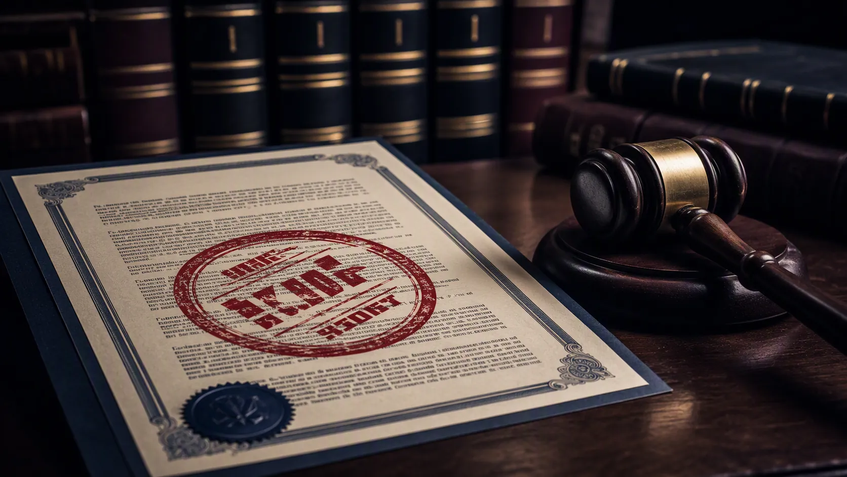 Formal legal settlement document on a dark desk with a red rejection stamp and a gavel