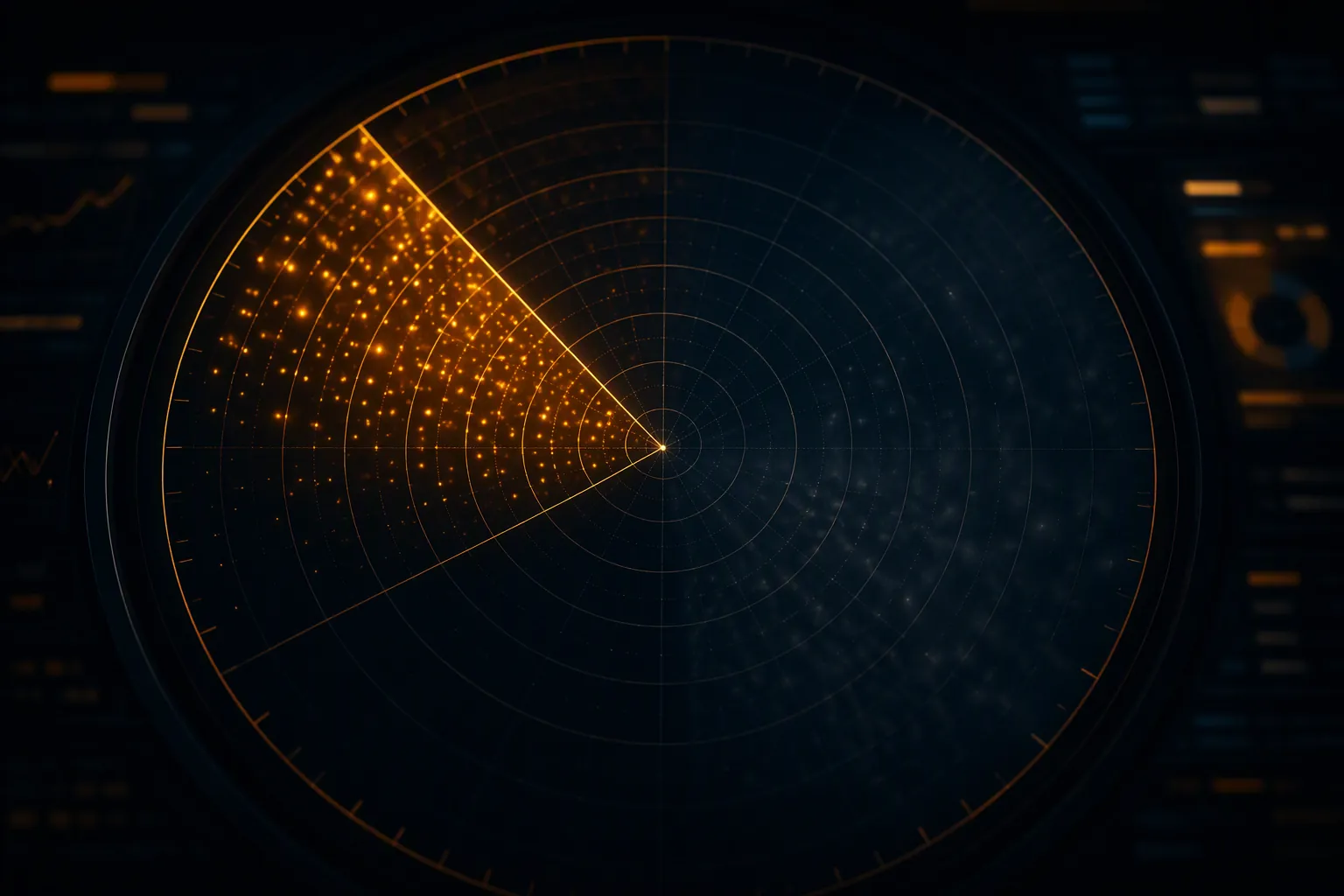 A radar-style display with concentrated amber signals in one narrow wedge and dim areas elsewhere
