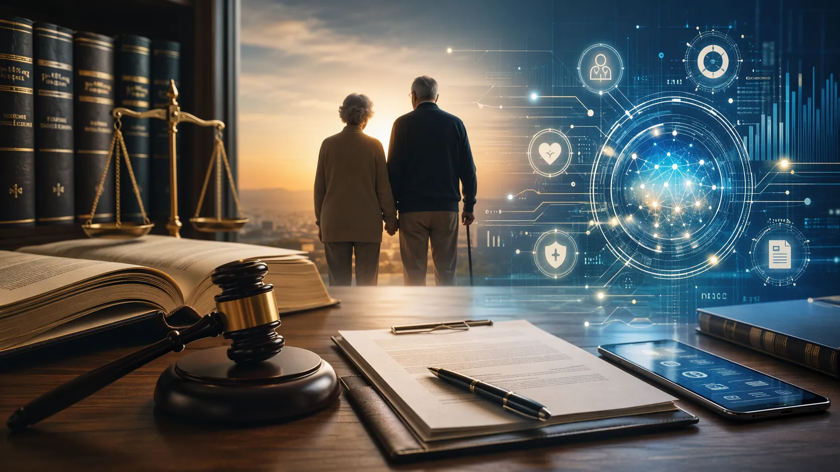 Attorney desk with legal books, digital interface elements, and an older couple in the background