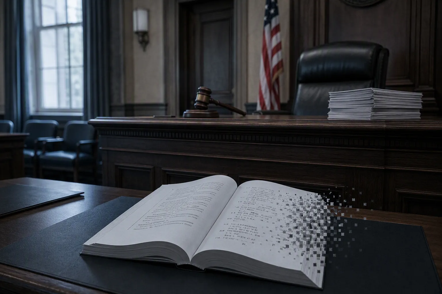 Empty federal courtroom with printed briefs and citation lines dissolving into pixelated marks