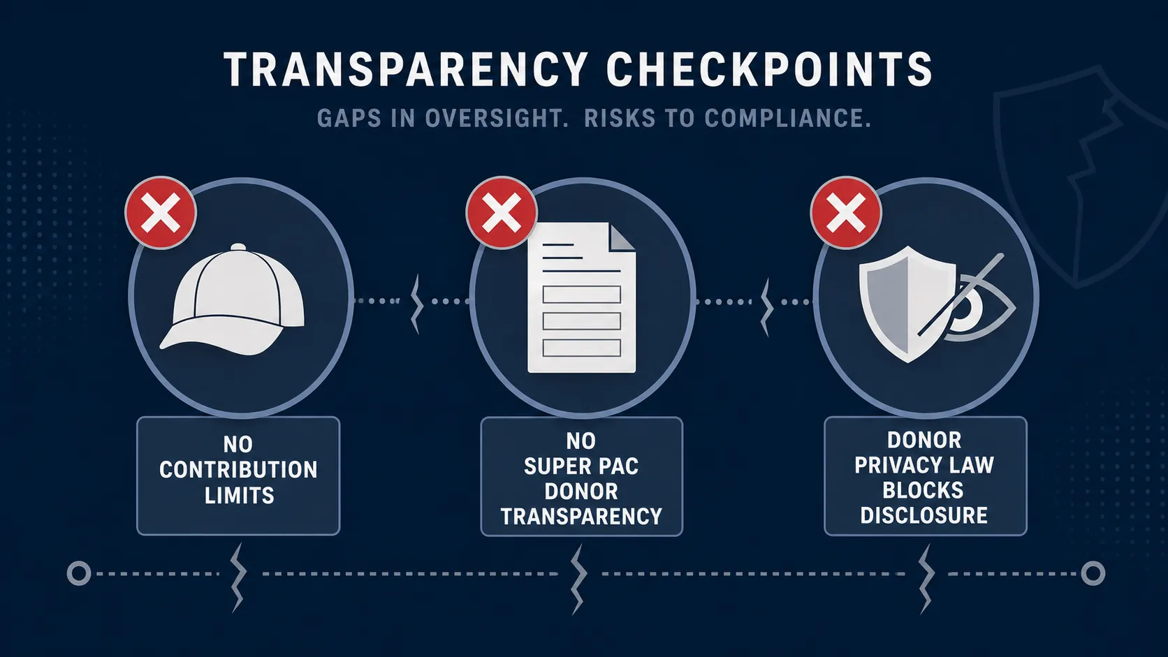 Broken compliance monitoring chain showing no contribution limits, no super PAC donor transparency, and a donor privacy shield