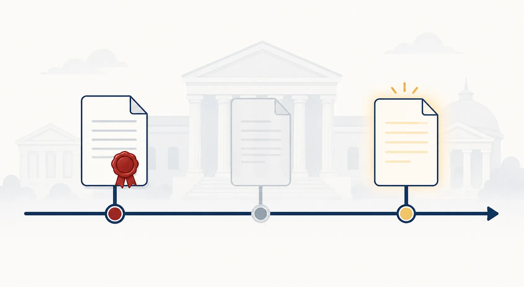 Timeline illustration with three document milestones showing decided, expired, and pending tariff rounds