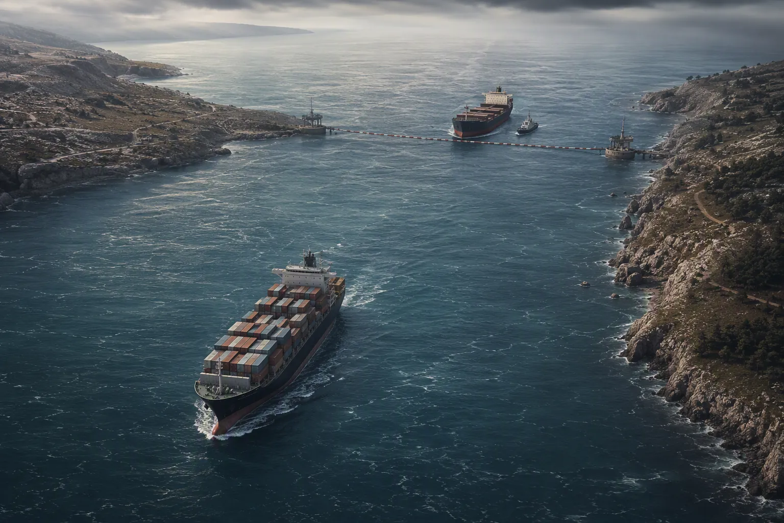 One ship sailing through a strait while another waits at a floating checkpoint with a patrol boat