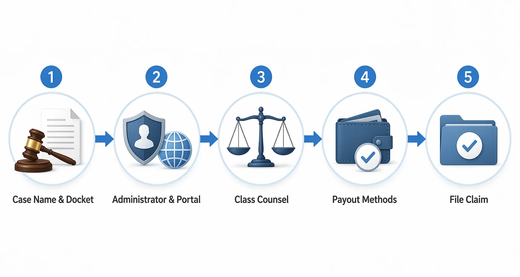 Five-step workflow diagram for verifying a settlement notice before filing a claim