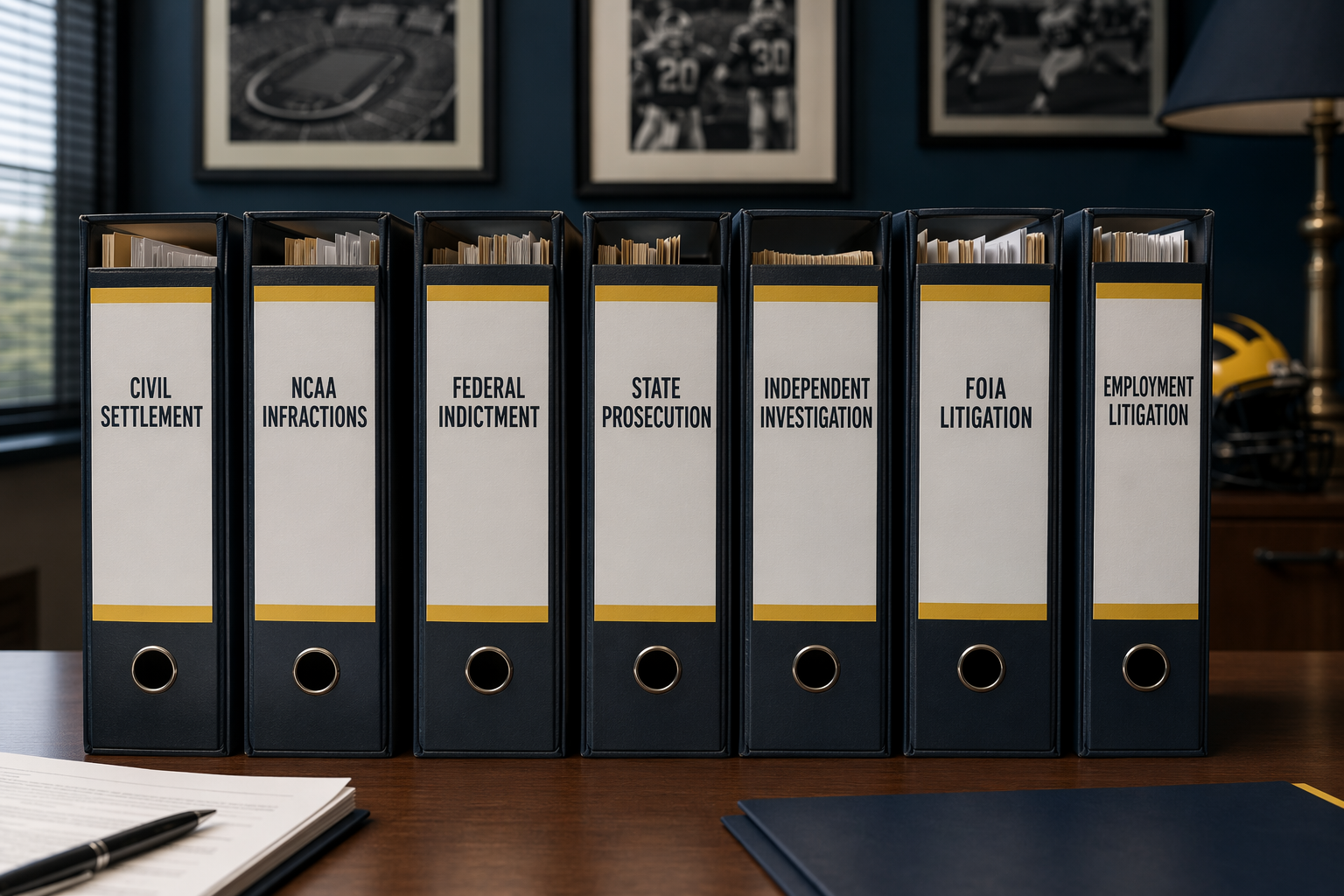 Seven legal file folders and binders on a university athletic department desk representing separate civil, NCAA, criminal, investigative, FOIA, and employment tracks