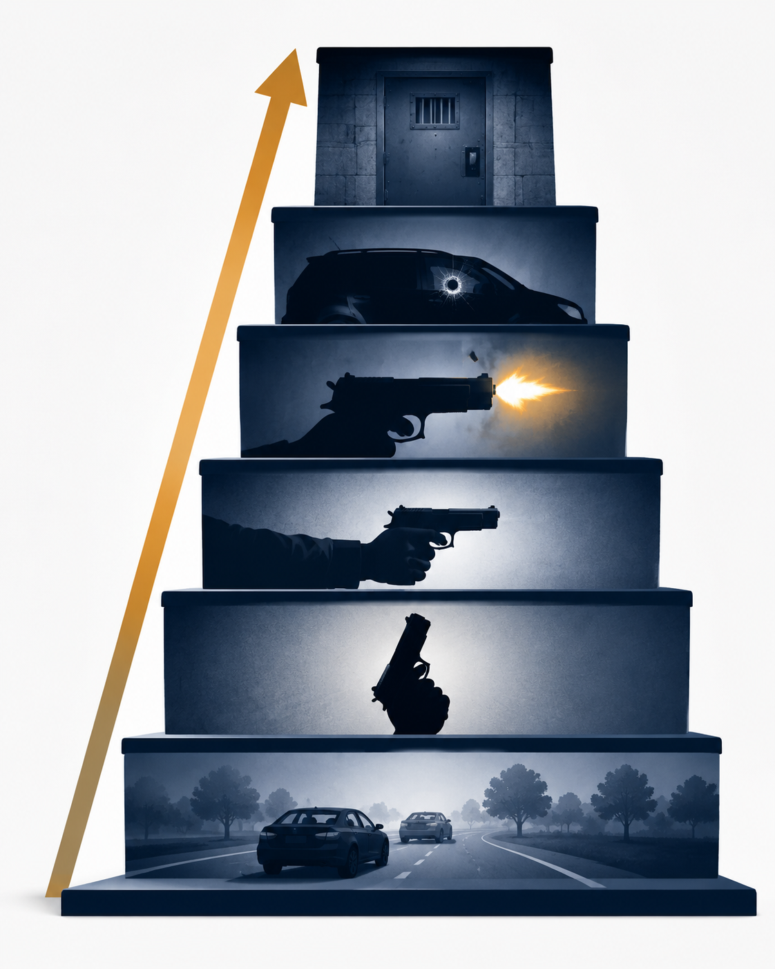 An escalation ladder showing a road scene moving from a displayed gun to a pointed gun, then muzzle flash, an occupied vehicle, and a prison door.