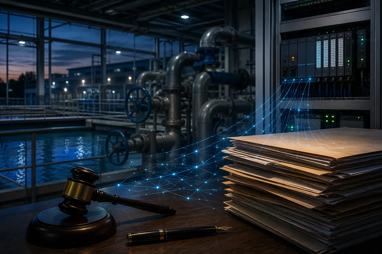 Water treatment facility with legal case files, a gavel, and network lines connecting industrial controls to litigation documents