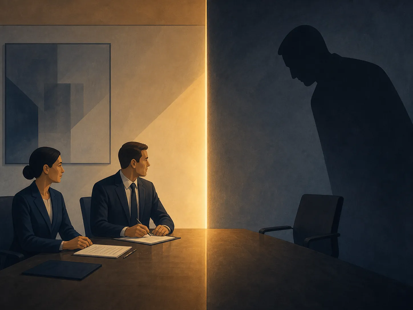 A business negotiation table divided between an ordinary document exchange and a looming shadow suggesting coercive pressure