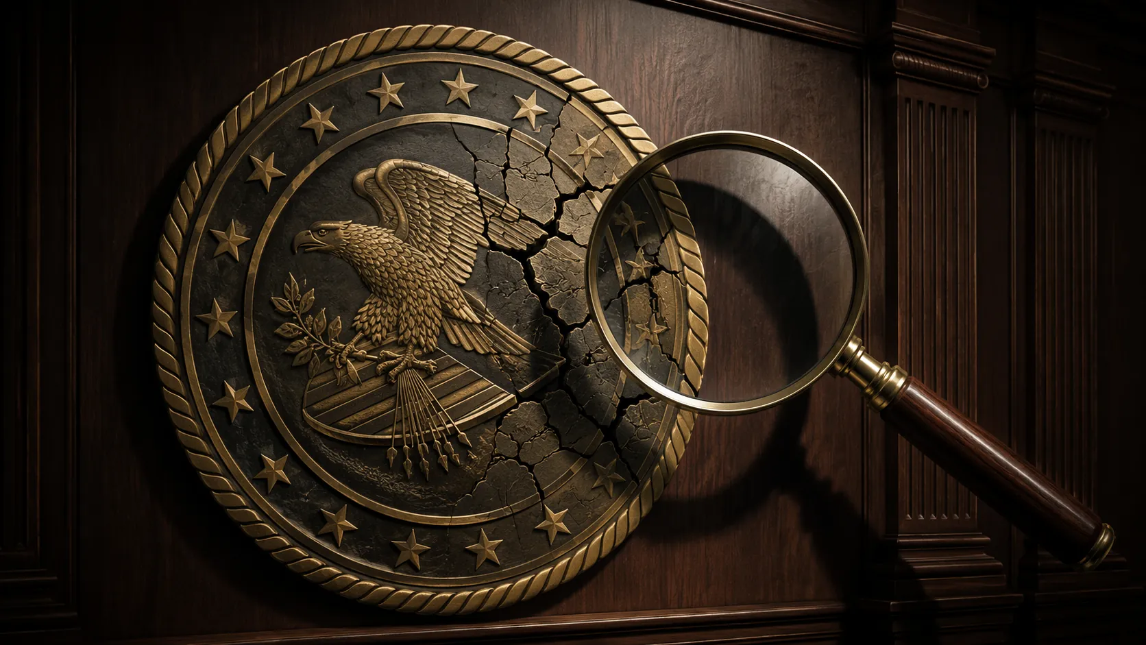 Cracked Department of Justice-style seal under a magnifying glass