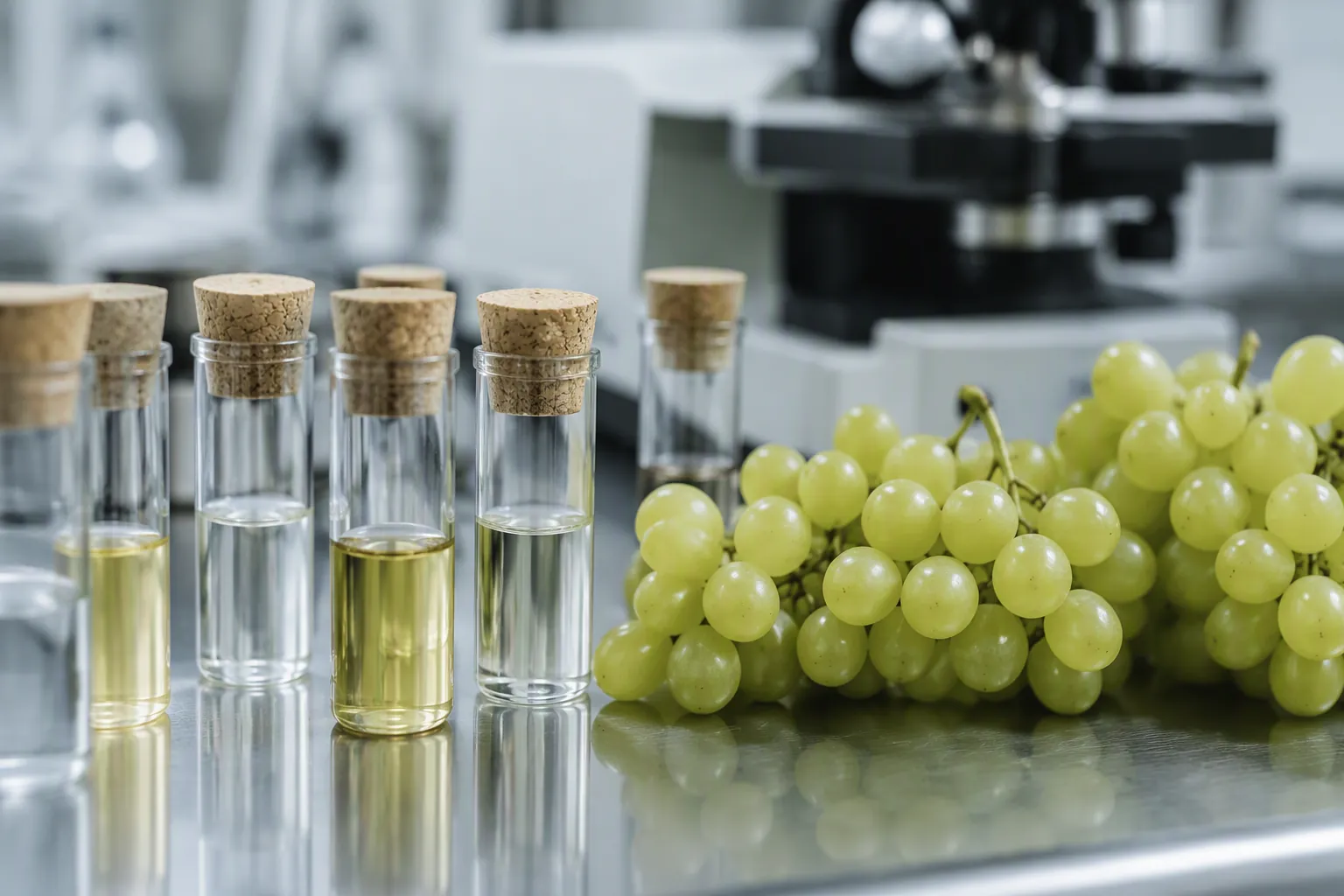 Green grape clusters beside glass sample vials on a laboratory bench for smoke-taint and contamination testing