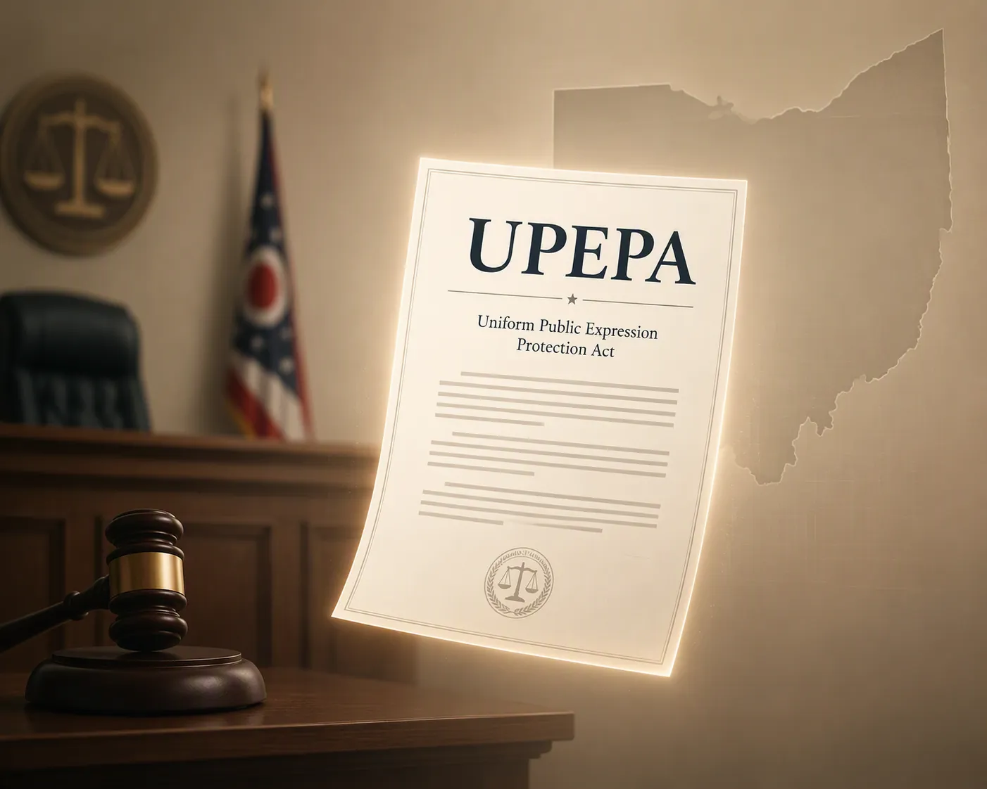 Courtroom judge's bench and gavel with a glowing UPEPA document and subtle Ohio outline
