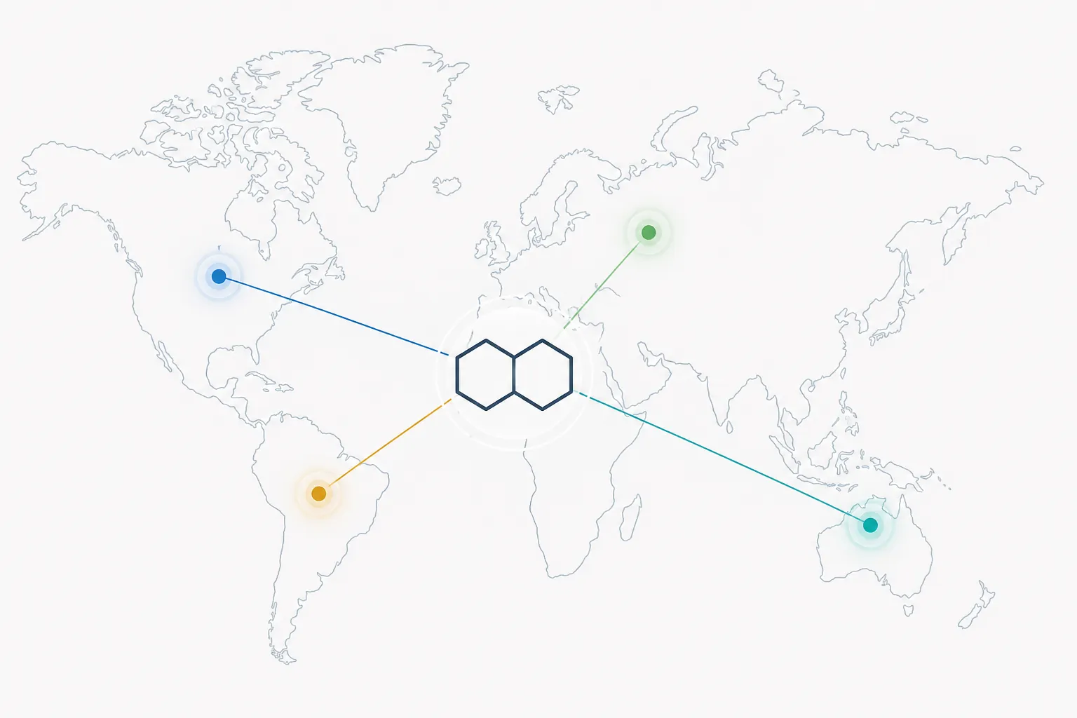 Abstract world map with regulatory checkpoint nodes connected to a central partnership node