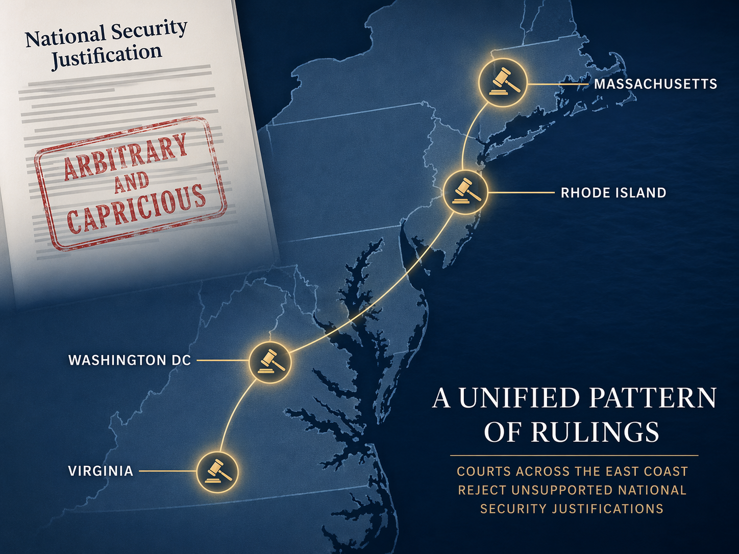 Map of the East Coast showing federal court markers and an arbitrary and capricious stamp over a national security justification document