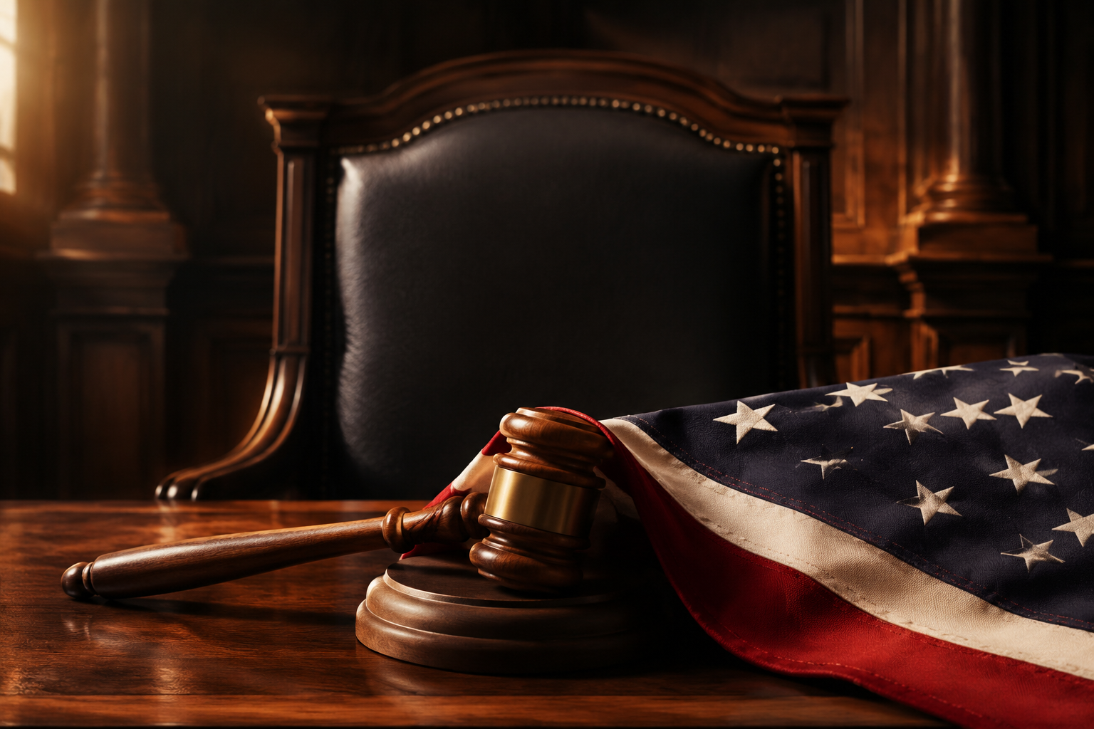 Gavel, folded American flag, and empty judicial chair suggesting unresolved proceedings